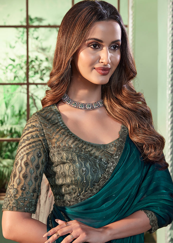 Buy Now Green Georgette Silk Embroidered Wedding Party Wear Saree Online in USA, UK, Canada & Worldwide at Empress Clothing.