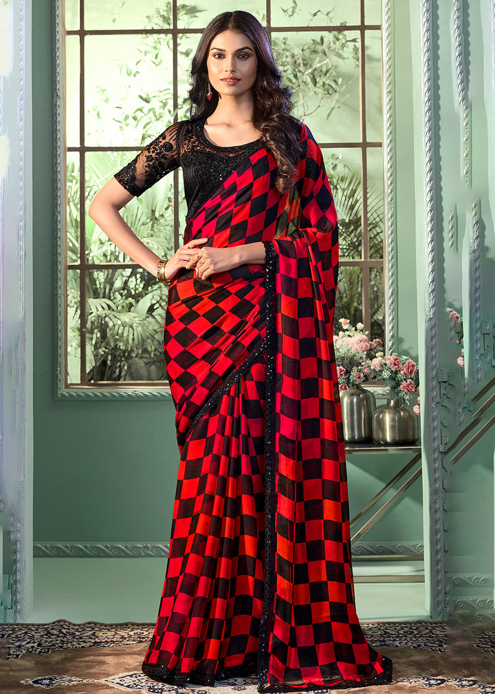 Buy Now Red & Black Chiffon Embroidered Wedding Party Wear Saree Online in USA, UK, Canada & Worldwide at Empress Clothing.