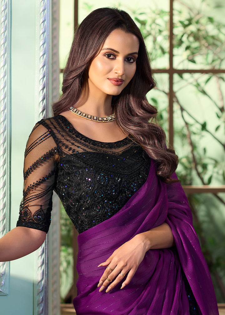 Buy Now Violet Georgette Silk Embroidered Wedding Party Wear Saree Online in USA, UK, Canada & Worldwide at Empress Clothing.