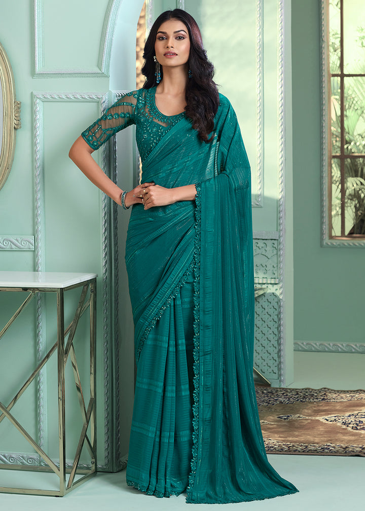 Buy Now Lovely Teal Blue Chiffon Embroidered Wedding Party Wear Saree Online in USA, UK, Canada & Worldwide at Empress Clothing. 