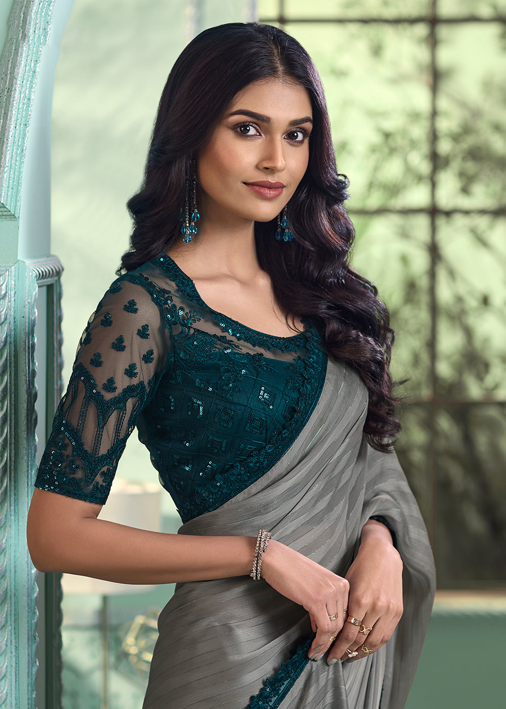 Buy Now Lovely Grey Georgette Silk Embroidered Wedding Party Wear Saree Online in USA, UK, Canada & Worldwide at Empress Clothing.