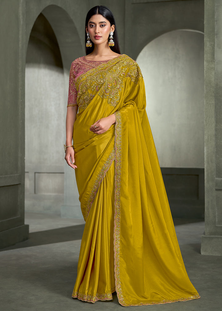 Buy Now Mustard Floral Embroidered Designer Wear Saree Online in USA, UK, Canada, France, Germany, Denmark, Sweden, Italy, Netherland &amp; Worldwide at Empress.