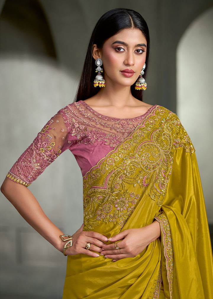 Buy Now Mustard Floral Embroidered Designer Wear Saree Online in USA, UK, Canada, France, Germany, Denmark, Sweden, Italy, Netherland &amp; Worldwide at Empress.