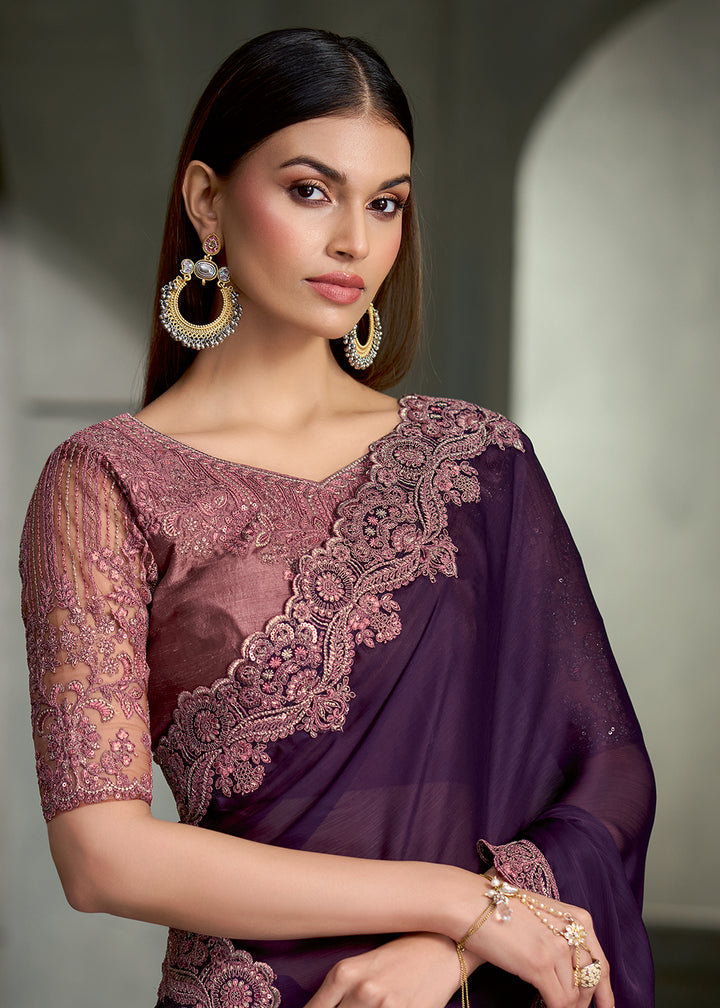 Buy Now Deep Purple Floral Embroidered Designer Wear Saree Online in USA, UK, Canada, France, Germany, Denmark, Sweden, Italy, Netherland &amp; Worldwide at Empress.