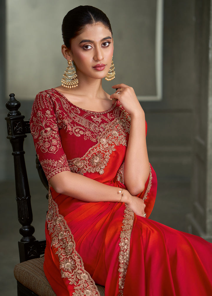 Buy Now Red &amp; Orange Floral Embroidered Designer Wear Saree Online in US, UK, Canada, France, Germany, Denmark, Sweden, Italy, Netherland &amp; Worldwide at Empress.