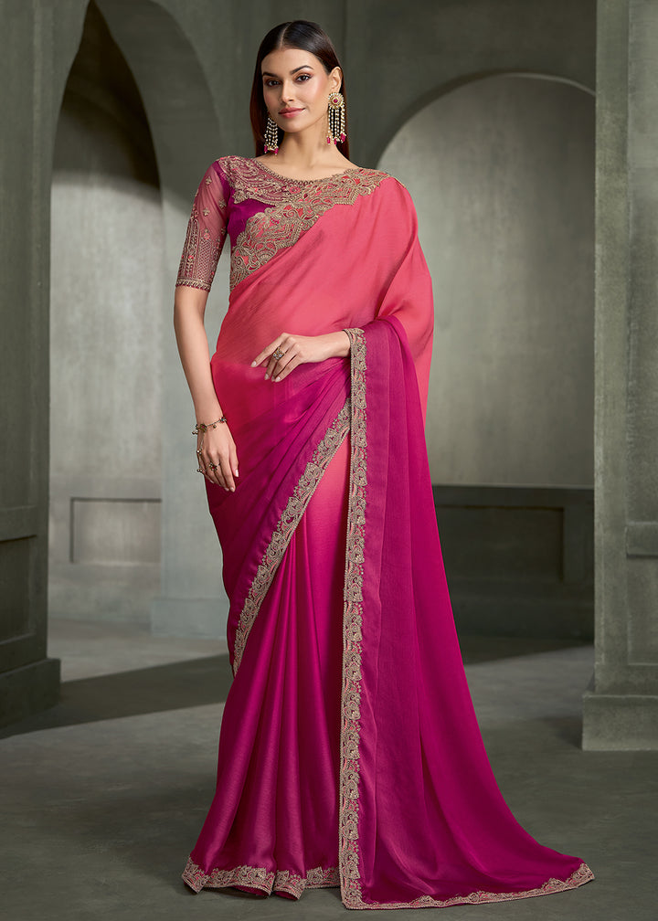 Buy Now Purple &amp; Pink Floral Embroidered Designer Wear Saree Online in US, UK, Canada, France, Germany, Denmark, Sweden, Italy, Netherland &amp; Worldwide at Empress