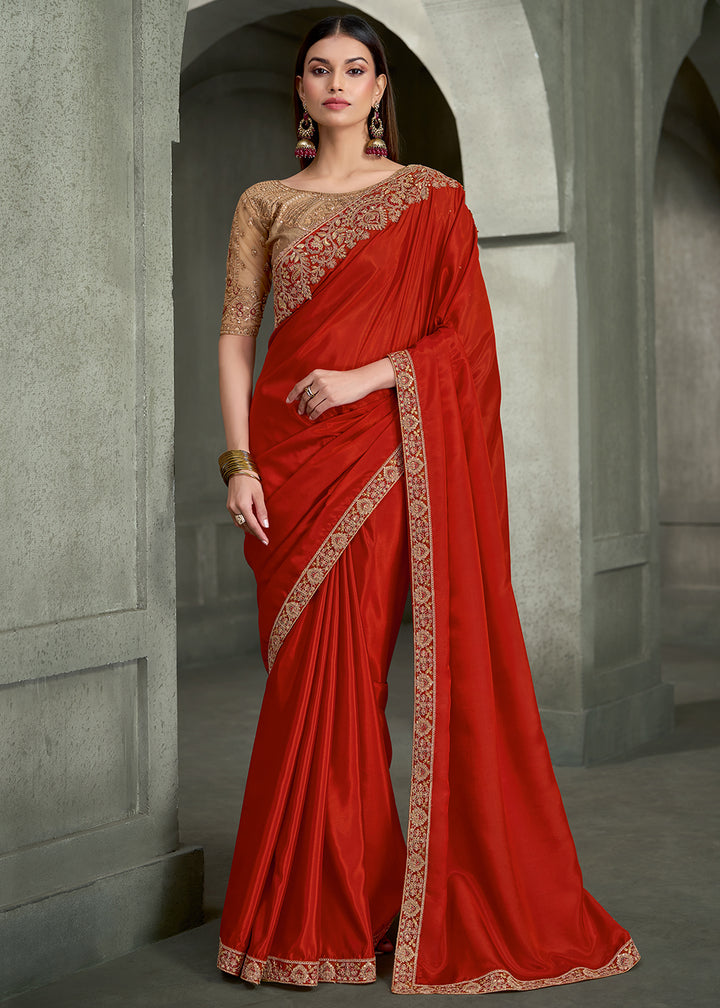 Buy Now Burnt Orange Floral Embroidered Designer Wear Saree Online in US, UK, Canada, France, Germany, Denmark, Sweden, Italy, Netherland &amp; Worldwide at Empress.