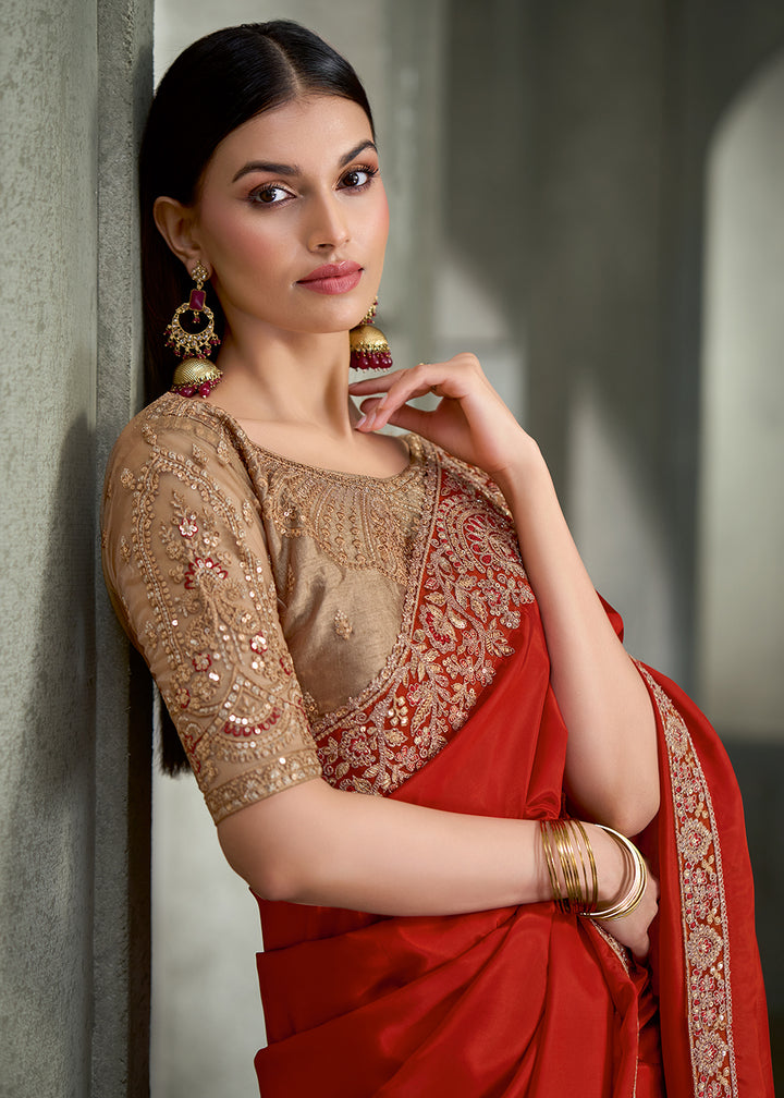 Buy Now Burnt Orange Floral Embroidered Designer Wear Saree Online in US, UK, Canada, France, Germany, Denmark, Sweden, Italy, Netherland &amp; Worldwide at Empress.