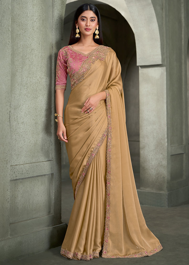 Buy Now Cream Beige Floral Embroidered Designer Wear Saree Online in US, UK, Canada, France, Germany, Denmark, Sweden, Italy, Netherland &amp; Worldwide at Empress.
