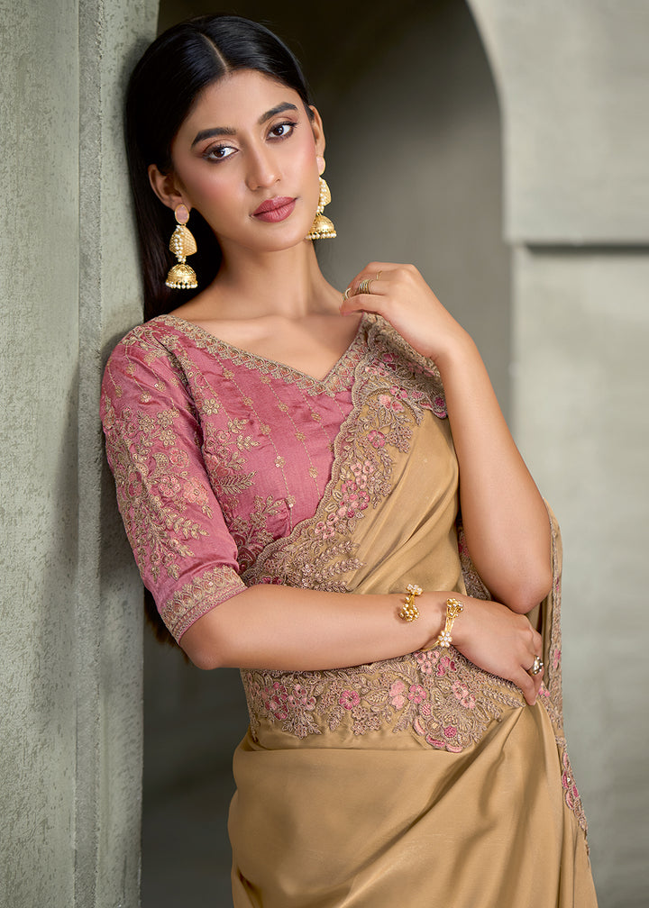 Buy Now Cream Beige Floral Embroidered Designer Wear Saree Online in US, UK, Canada, France, Germany, Denmark, Sweden, Italy, Netherland &amp; Worldwide at Empress.