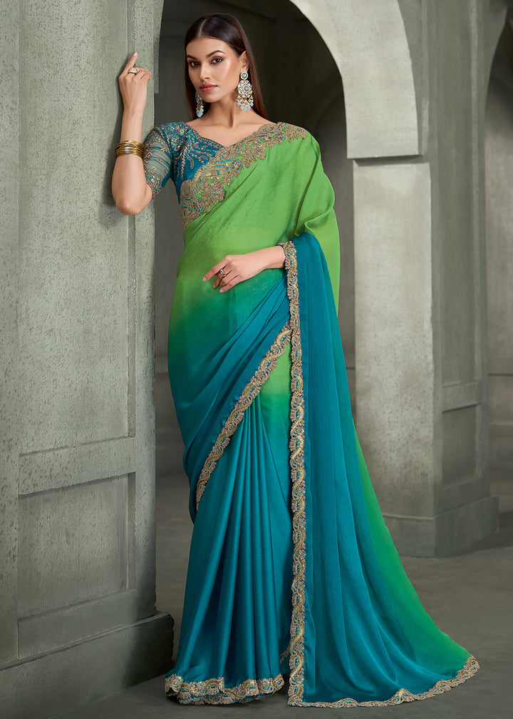 Buy Now Gradiant Ombre Floral Embroidered Designer Wear Saree Online in US, UK, Canada, France, Germany, Denmark, Sweden, Italy, Netherland &amp; Worldwide at Empress.