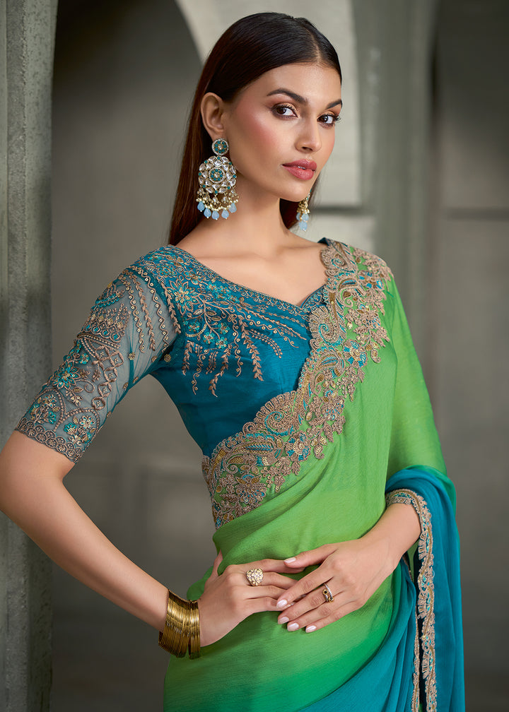 Buy Now Gradiant Ombre Floral Embroidered Designer Wear Saree Online in US, UK, Canada, France, Germany, Denmark, Sweden, Italy, Netherland &amp; Worldwide at Empress.