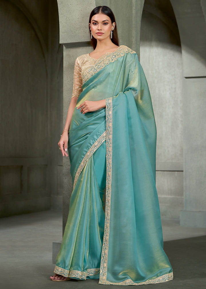 Buy Now Seafoam Blue Floral Embroidered Designer Wear Saree Online in US, UK, Canada, France, Germany, Denmark, Sweden, Italy, Netherland &amp; Worldwide at Empress.