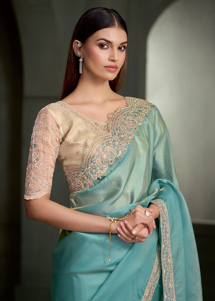 Buy Now Seafoam Blue Floral Embroidered Designer Wear Saree Online in US, UK, Canada, France, Germany, Denmark, Sweden, Italy, Netherland &amp; Worldwide at Empress.