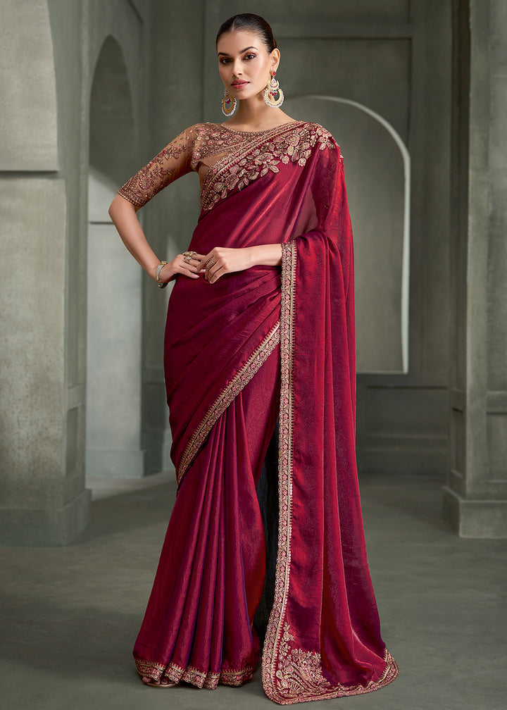 Buy Now Plum Wine Floral Embroidered Designer Wear Saree Online in US, UK, Canada, France, Germany, Denmark, Sweden, Italy, Netherland &amp; Worldwide at Empress.