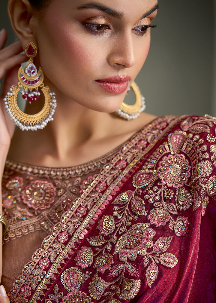 Buy Now Plum Wine Floral Embroidered Designer Wear Saree Online in US, UK, Canada, France, Germany, Denmark, Sweden, Italy, Netherland &amp; Worldwide at Empress.