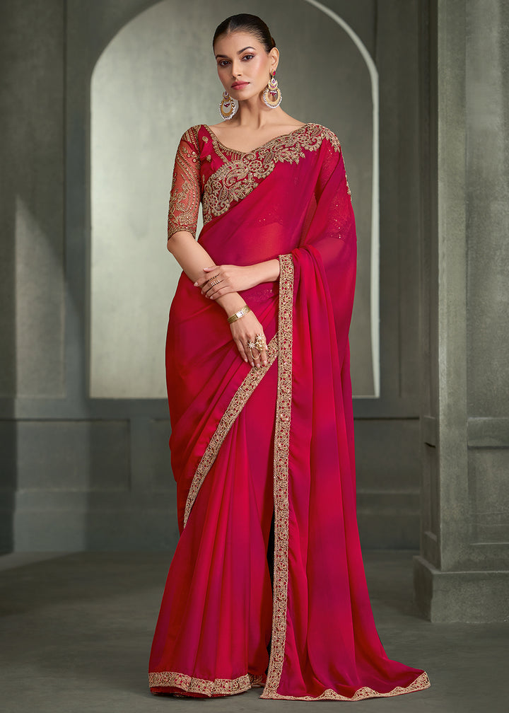 Buy Now Red &amp; Pink Floral Embroidered Designer Wear Saree Online in US, UK, Canada, France, Germany, Denmark, Sweden, Italy, Netherland &amp; Worldwide at Empress.