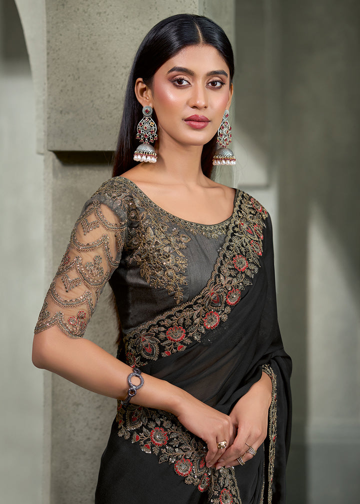 Buy Now Jet Black Floral Embroidered Designer Wear Saree Online in US, UK, Canada, France, Germany, Denmark, Sweden, Italy, Netherland &amp; Worldwide at Empress.