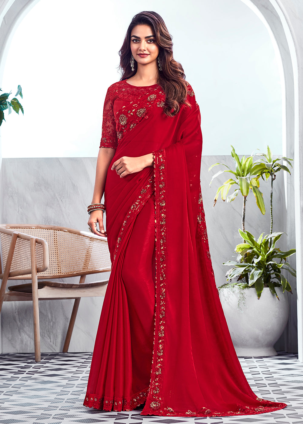 Buy Now Bewitching Red Silk Embroidered Designer Saree Online in USA, UK, Canada & Worldwide at Empress Clothing. 