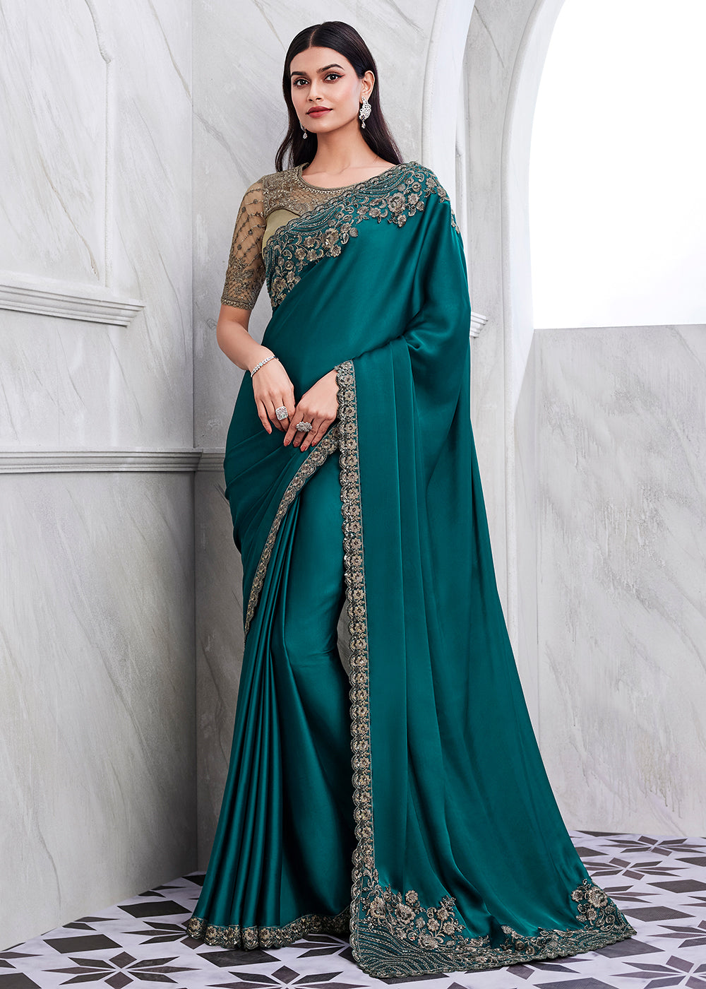 Buy Now Lovely Teal Blue Silk Embroidered Designer Saree Online in USA, UK, Canada & Worldwide at Empress Clothing. 