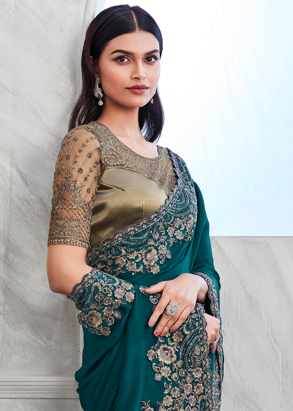Buy Now Lovely Teal Blue Silk Embroidered Designer Saree Online in USA, UK, Canada & Worldwide at Empress Clothing. 