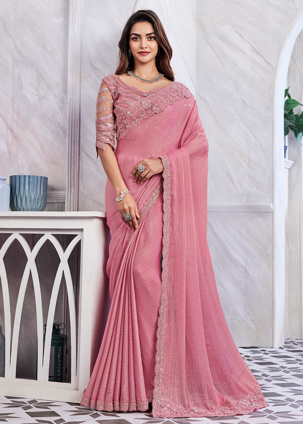 Buy Now Lovely Blush Pink Silk Embroidered Designer Saree Online in USA, UK, Canada & Worldwide at Empress Clothing.