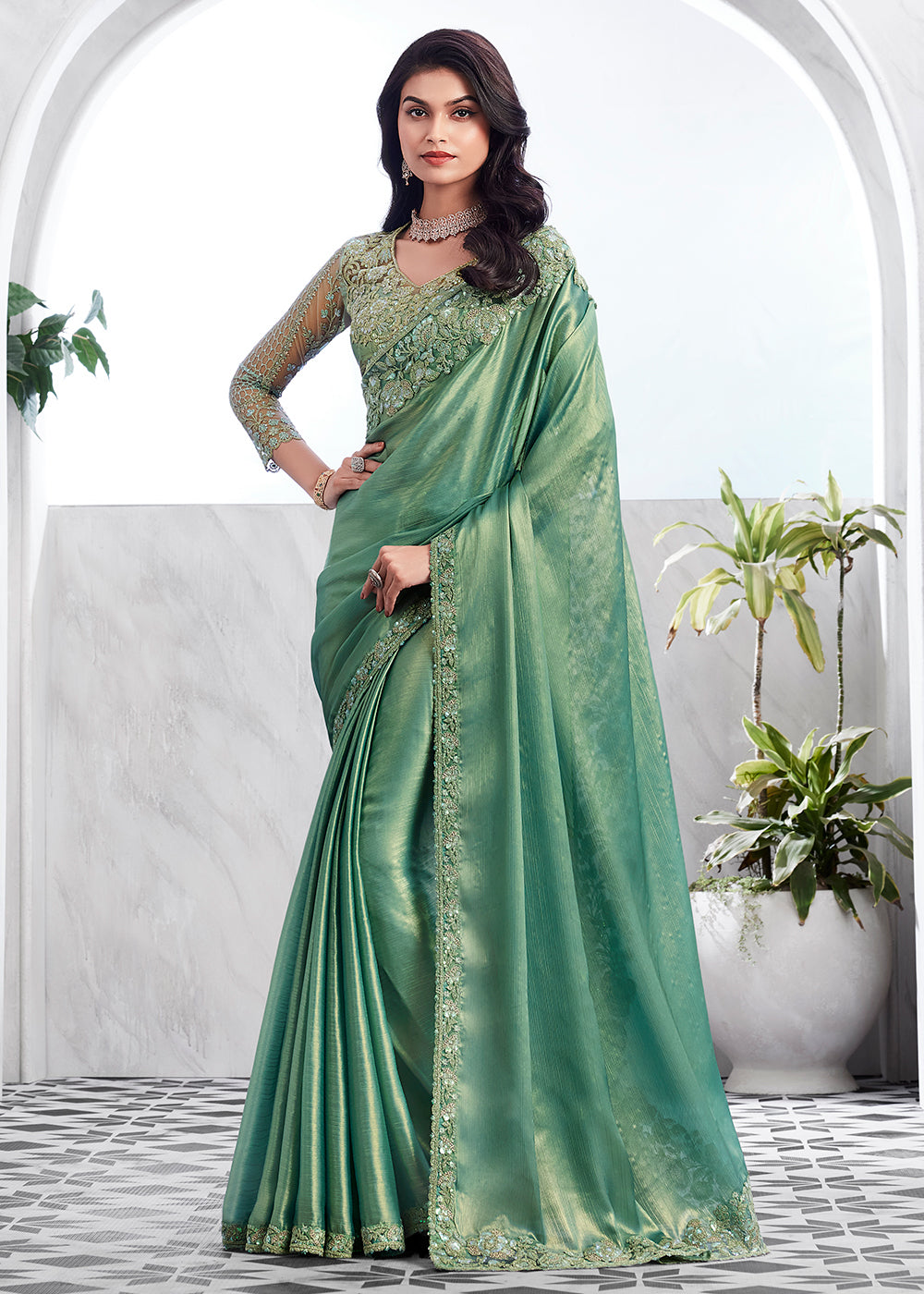 Buy Now Lovely Sea Green Silk Embroidered Designer Saree Online in USA, UK, Canada & Worldwide at Empress Clothing. 