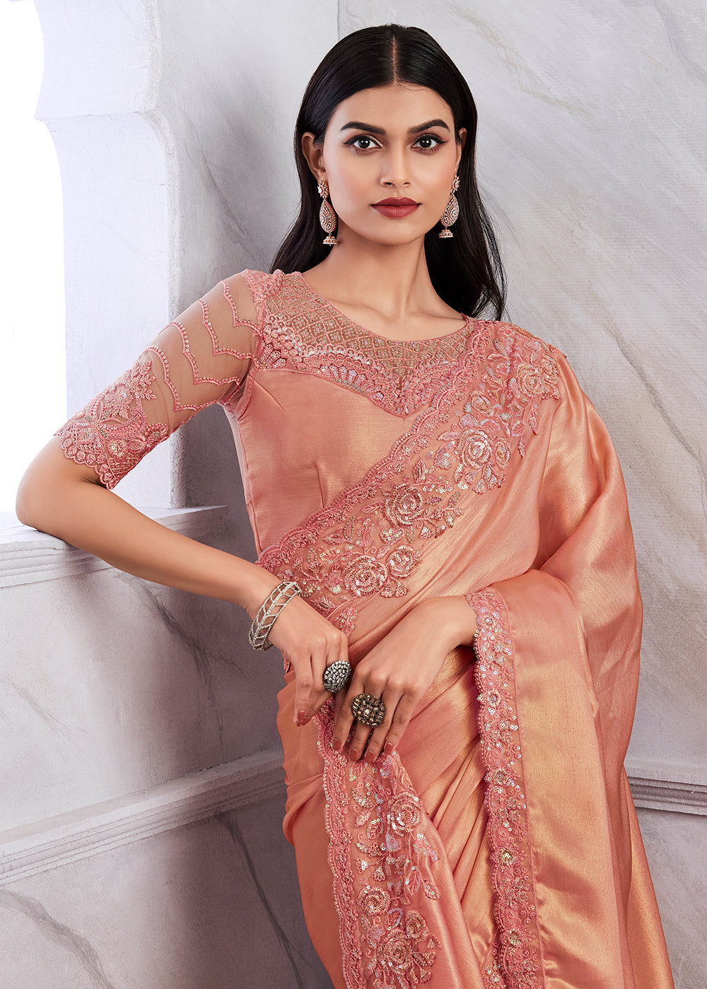 Buy Now Lovely Coral Peach Silk Embroidered Designer Saree Online in USA, UK, Canada & Worldwide at Empress Clothing. 