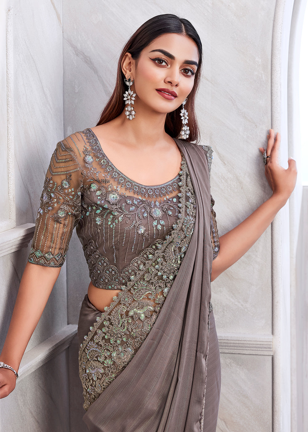 Buy Now Lovely Greyish Mauve Silk Embroidered Designer Saree Online in USA, UK, Canada & Worldwide at Empress Clothing. 