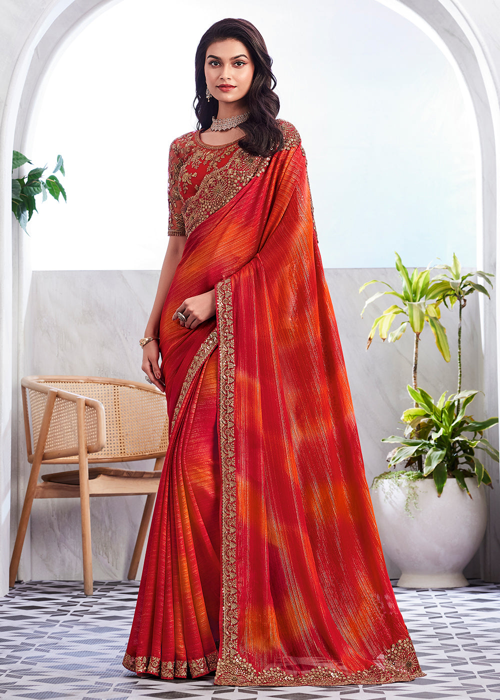 Buy Now Lovely Orange Red Silk Embroidered Designer Saree Online in USA, UK, Canada & Worldwide at Empress Clothing. 