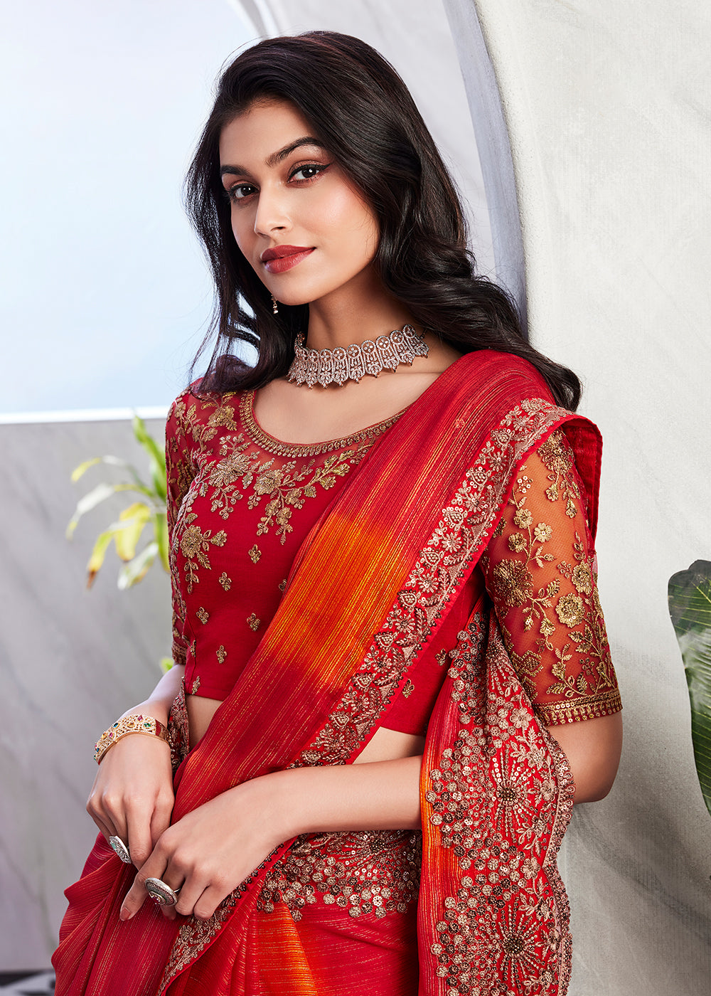 Buy Now Lovely Orange Red Silk Embroidered Designer Saree Online in USA, UK, Canada & Worldwide at Empress Clothing. 