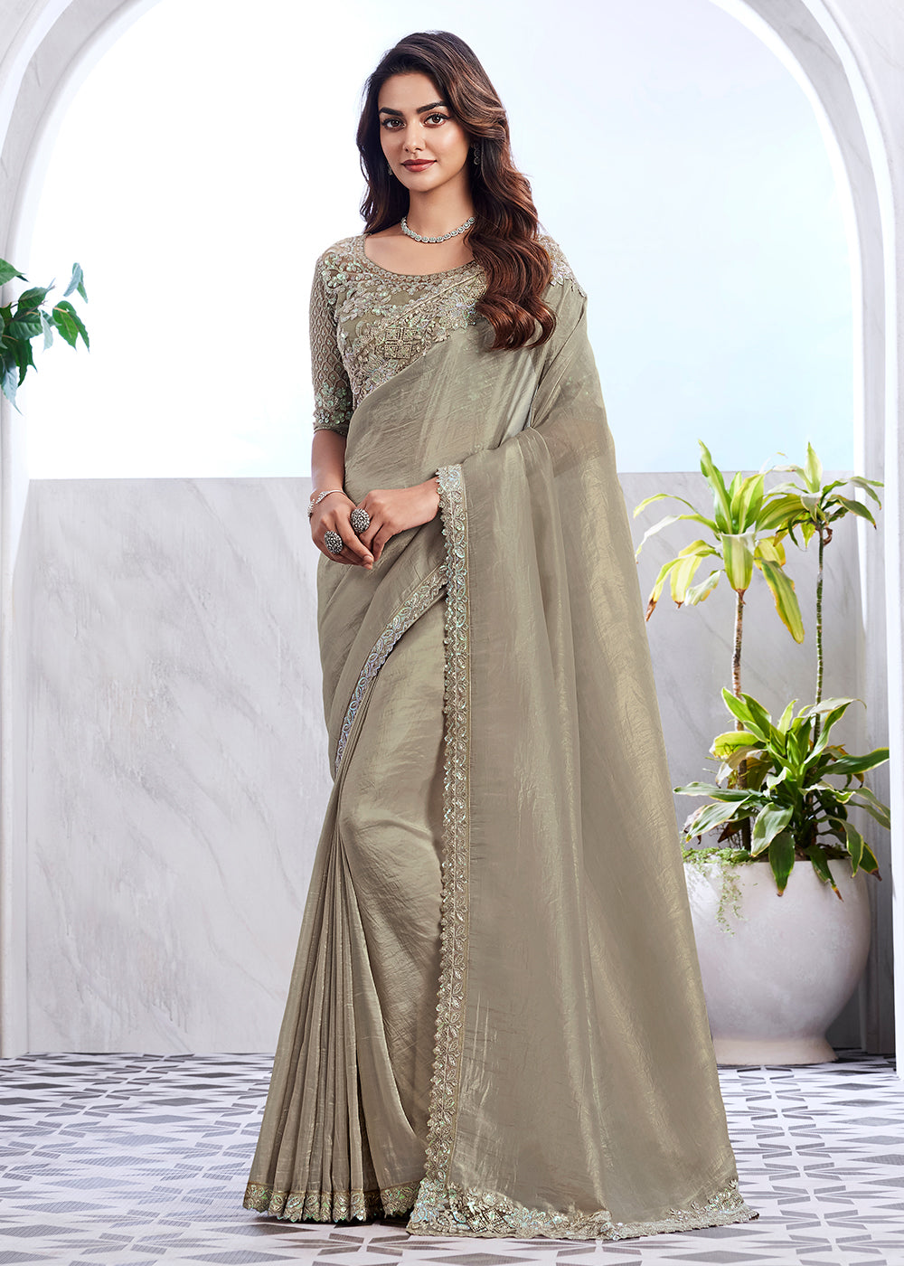 Buy Now Lovely Sage Green Silk Embroidered Designer Saree Online in USA, UK, Canada & Worldwide at Empress Clothing.
