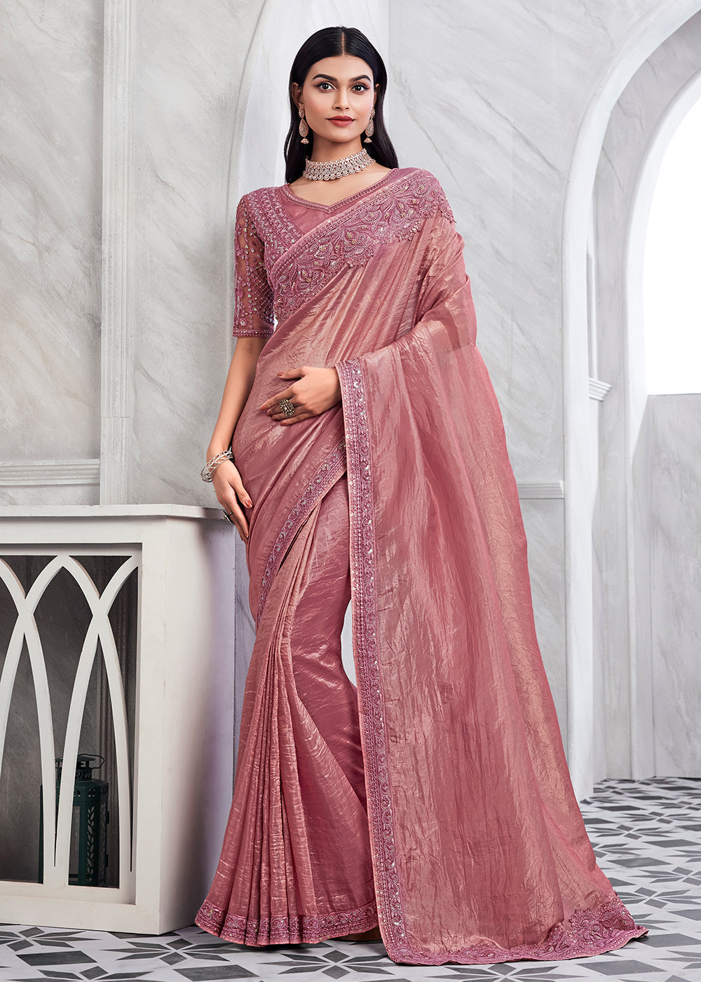 Buy Now Lovely Dusty Pink Silk Embroidered Designer Saree Online in USA, UK, Canada & Worldwide at Empress Clothing.