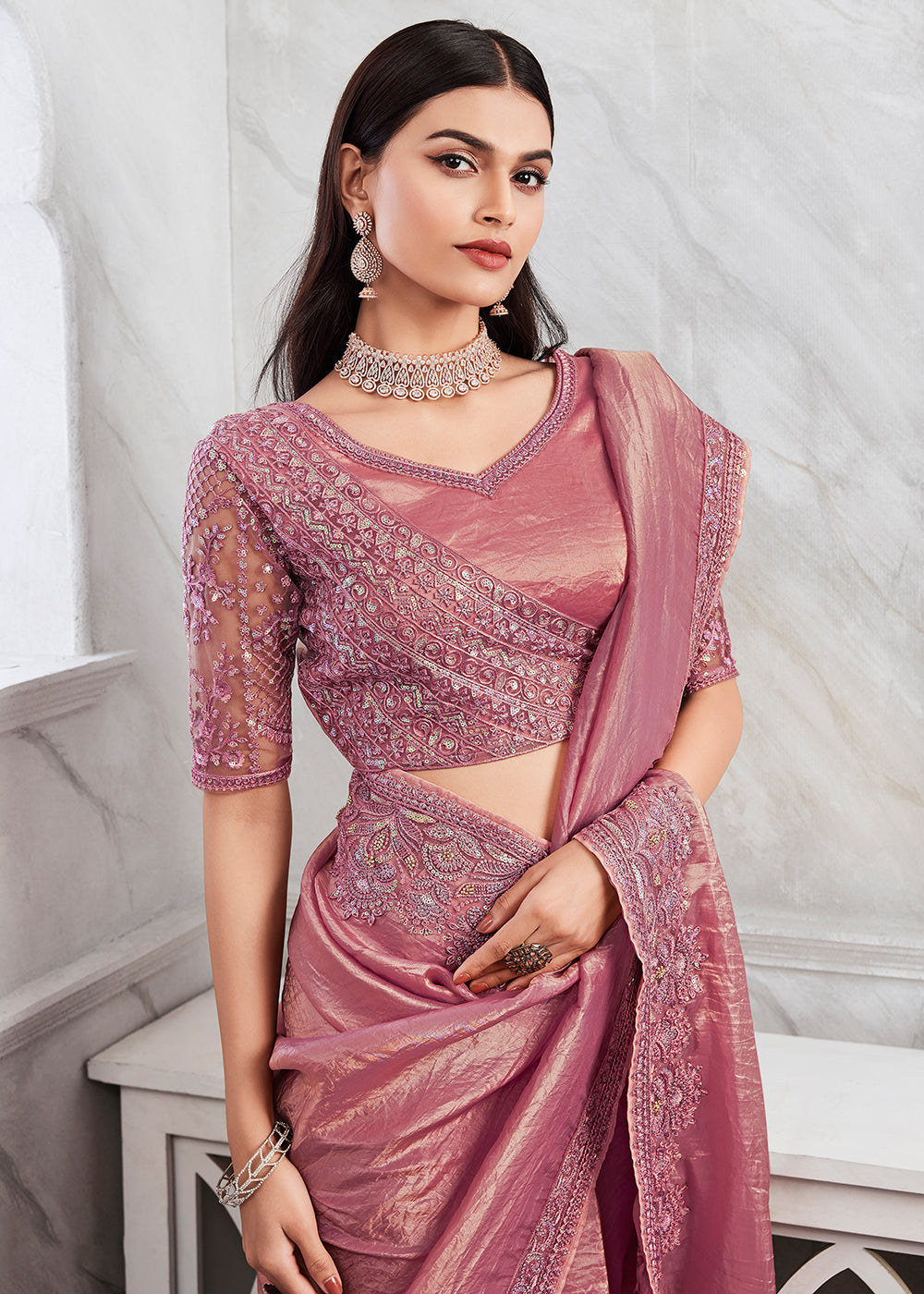 Buy Now Lovely Dusty Pink Silk Embroidered Designer Saree Online in USA, UK, Canada & Worldwide at Empress Clothing.