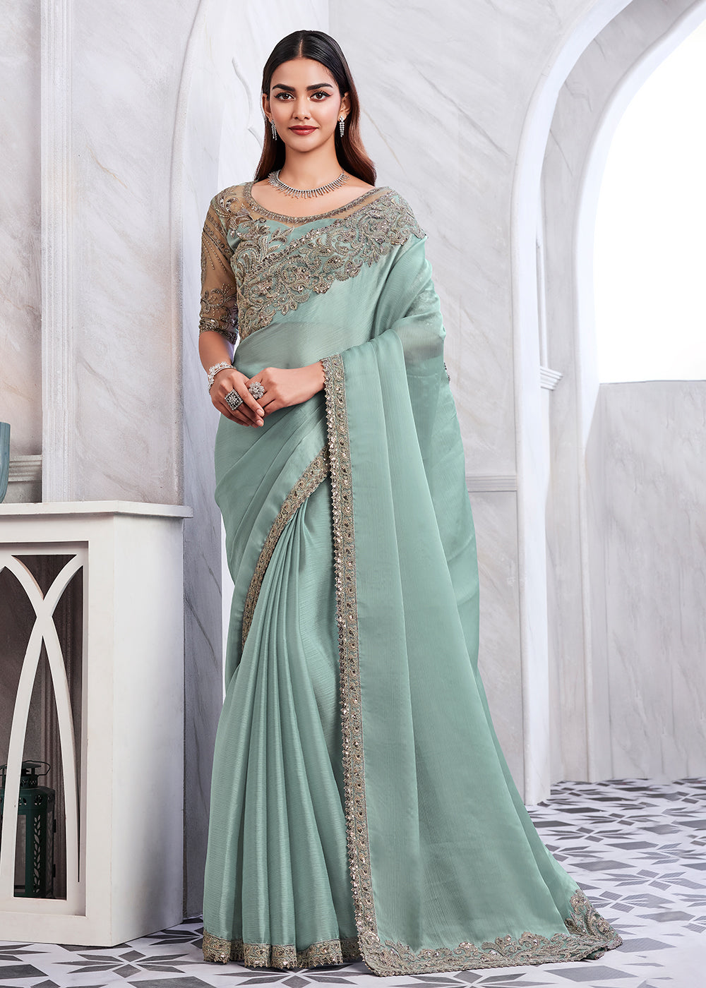 Buy Now Lovely Mint Blue Silk Embroidered Designer Saree Online in USA, UK, Canada & Worldwide at Empress Clothing.
