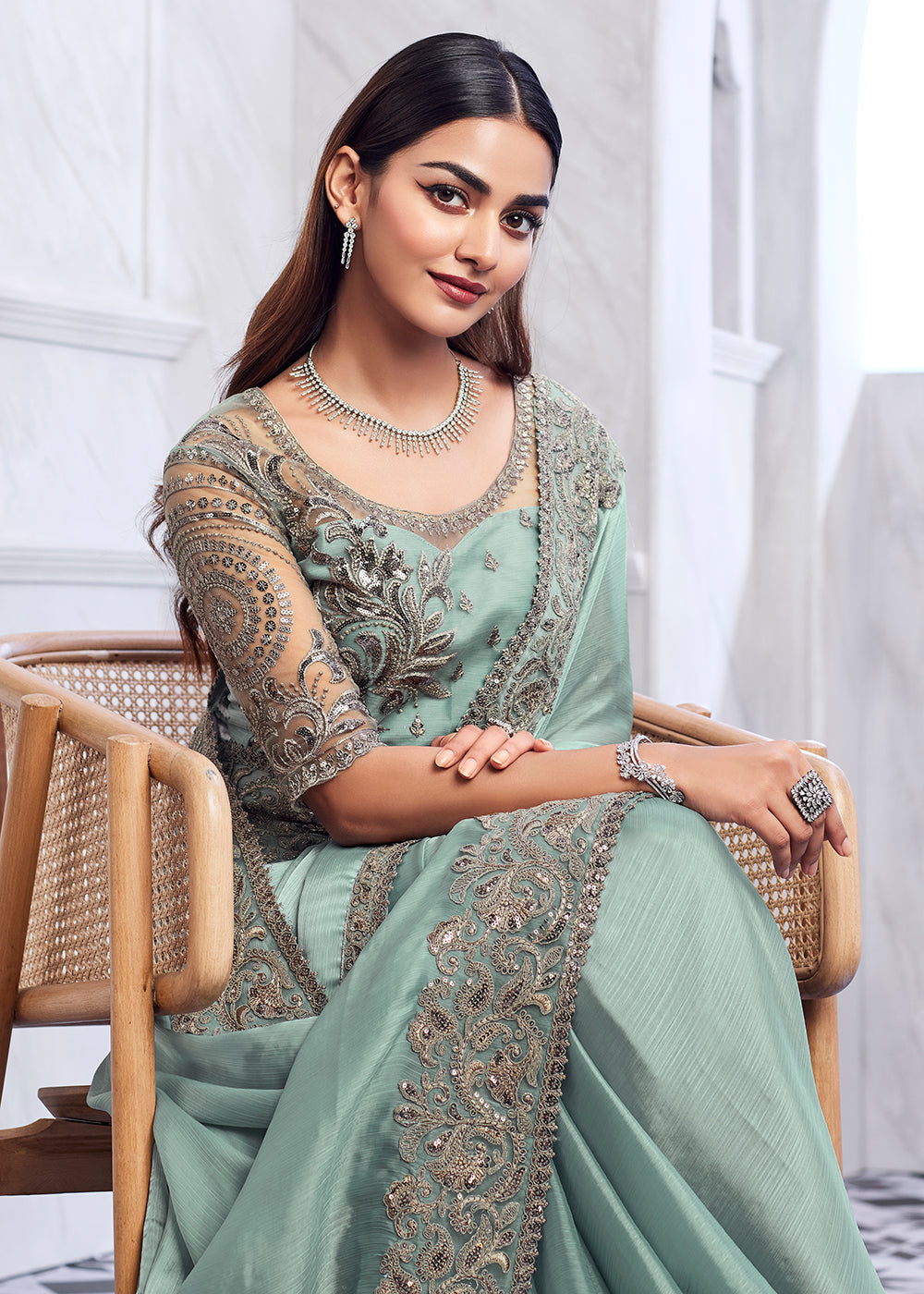 Buy Now Lovely Mint Blue Silk Embroidered Designer Saree Online in USA, UK, Canada & Worldwide at Empress Clothing.