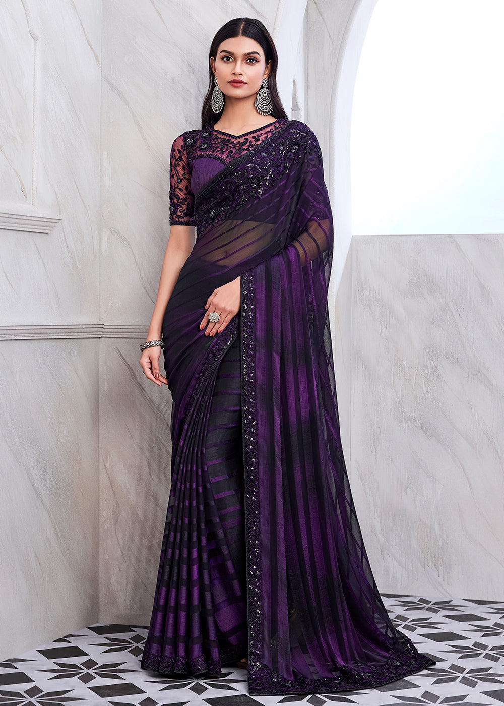 Buy Now Lovely Dark Purple Silk Embroidered Designer Saree Online in USA, UK, Canada & Worldwide at Empress Clothing. 