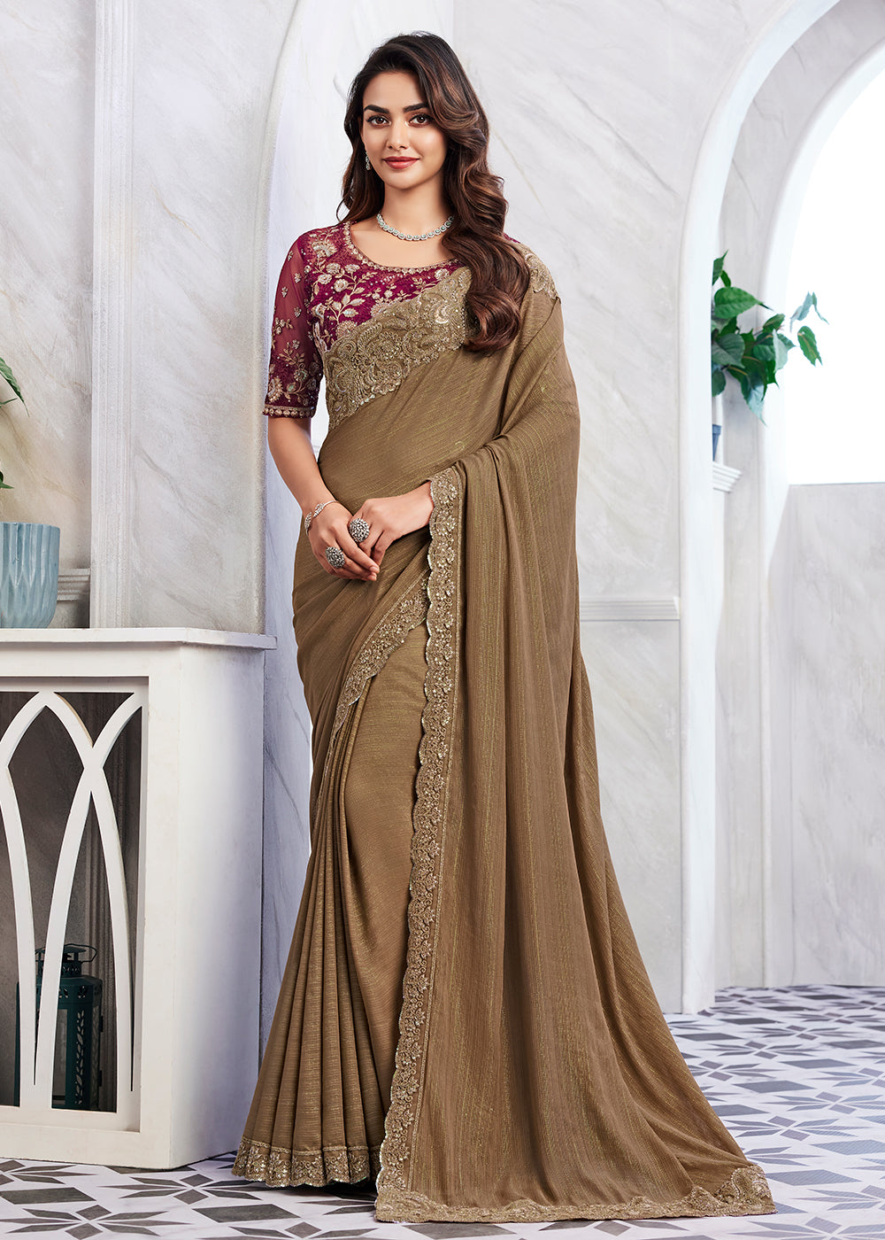 Buy Now Lovely Light Brown Silk Embroidered Designer Saree Online in USA, UK, Canada & Worldwide at Empress Clothing.