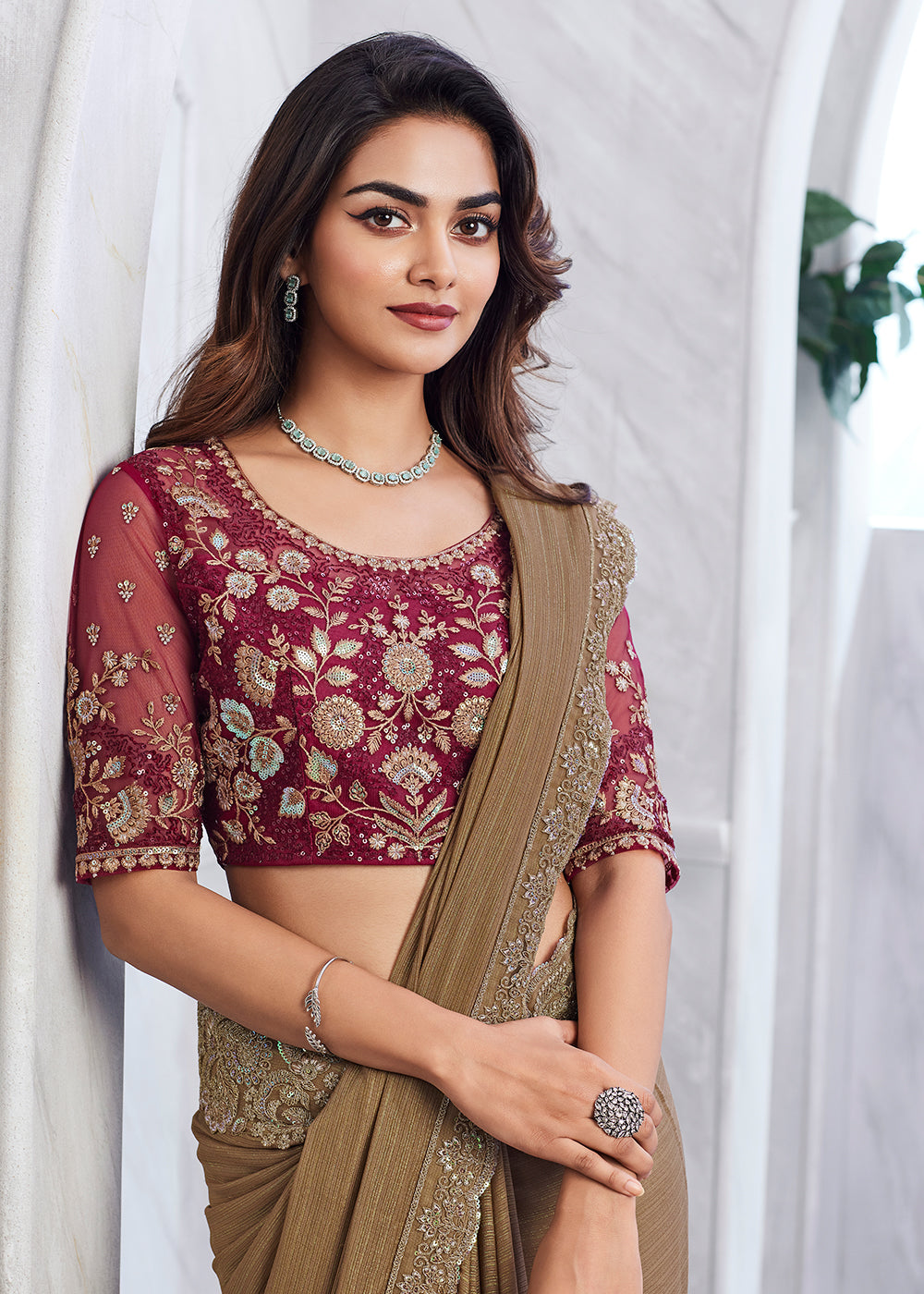 Buy Now Lovely Light Brown Silk Embroidered Designer Saree Online in USA, UK, Canada & Worldwide at Empress Clothing.
