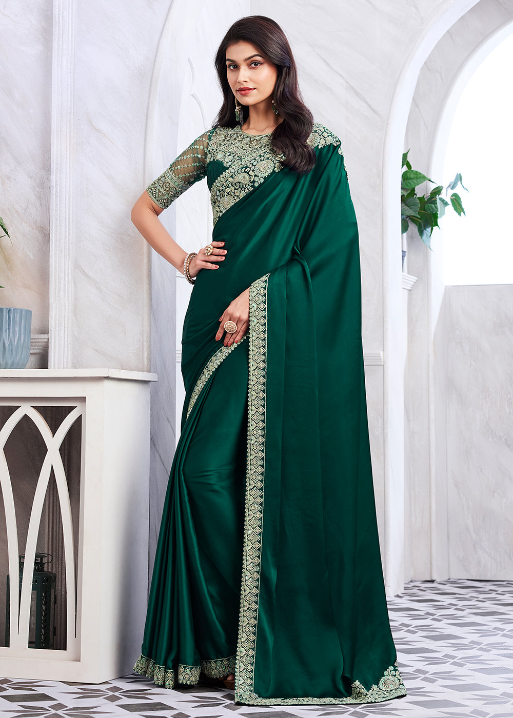 Buy Now Lovely Bottle Green Silk Embroidered Designer Saree Online in USA, UK, Canada & Worldwide at Empress Clothing.