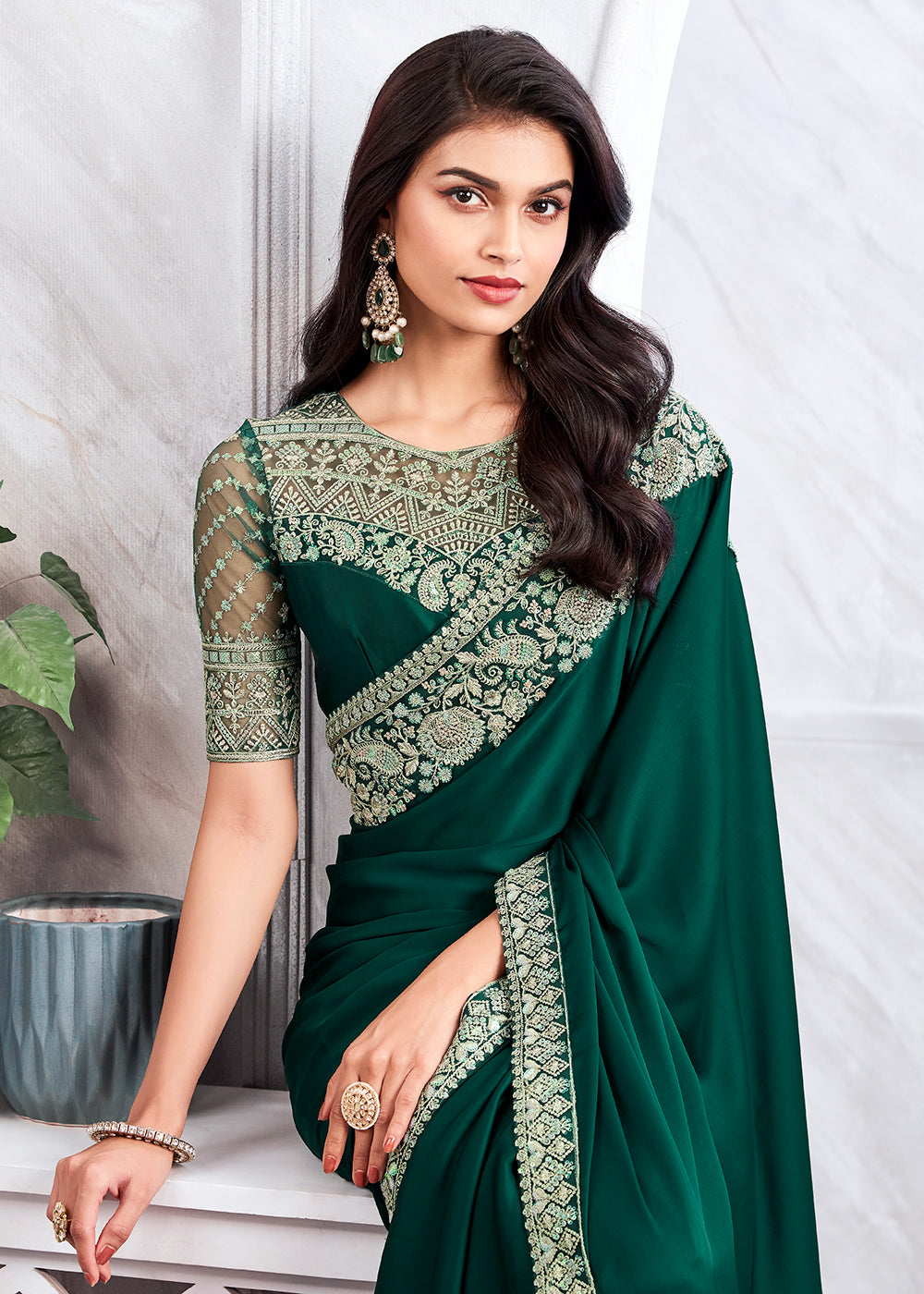 Buy Now Lovely Bottle Green Silk Embroidered Designer Saree Online in USA, UK, Canada & Worldwide at Empress Clothing.