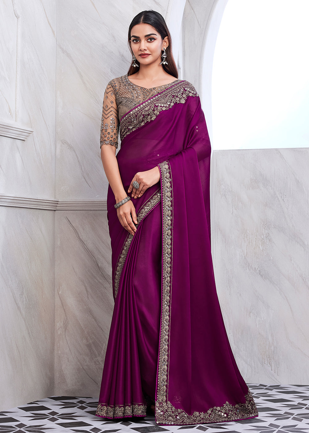 Buy Now Lovely Purple Wine Silk Embroidered Designer Saree Online in USA, UK, Canada & Worldwide at Empress Clothing.