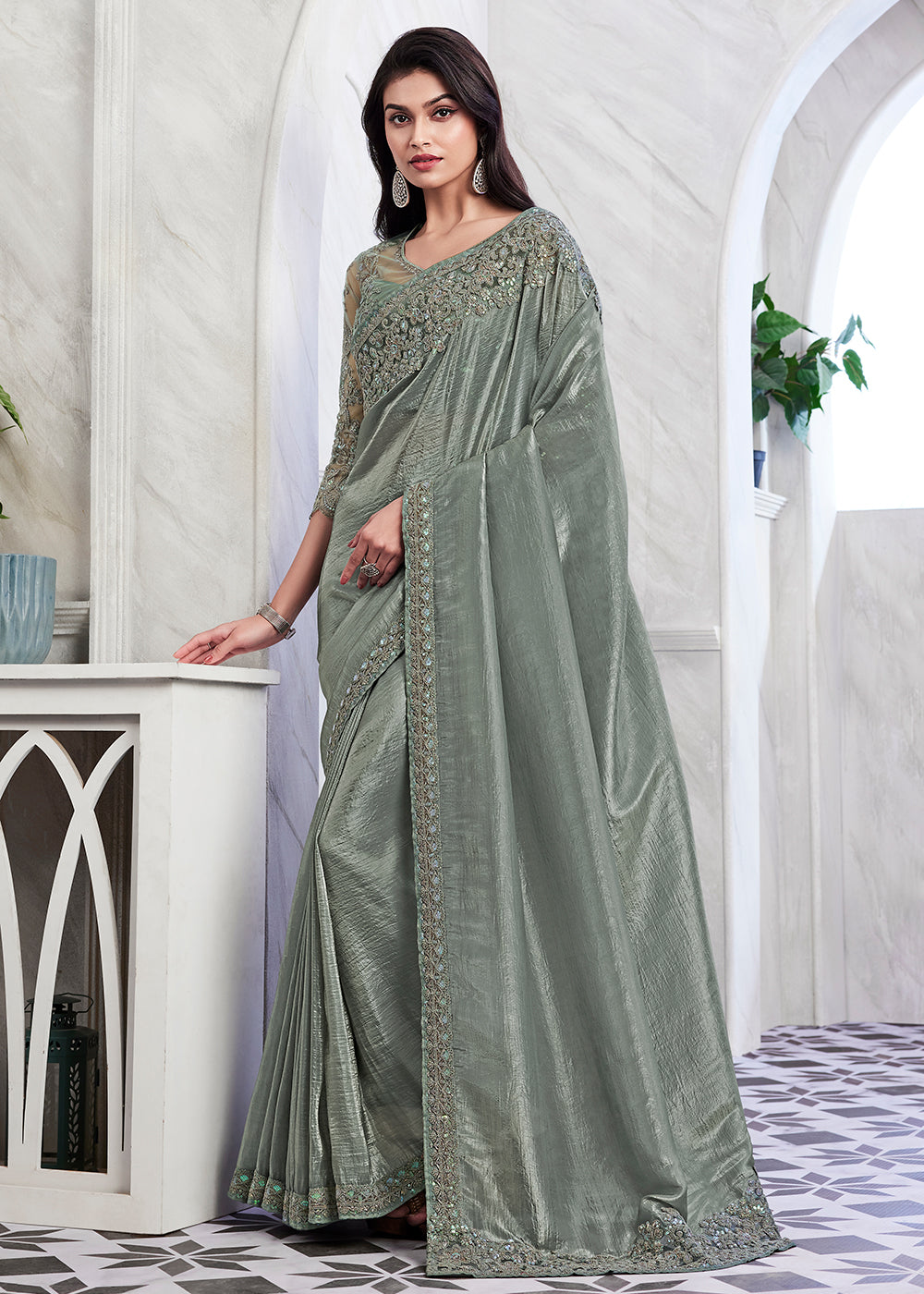 Buy Now Lovely Greenish Grey Silk Embroidered Designer Saree Online in USA, UK, Canada & Worldwide at Empress Clothing. 