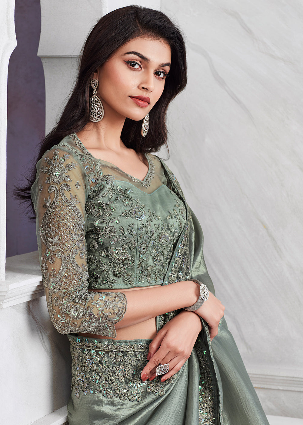 Buy Now Lovely Greenish Grey Silk Embroidered Designer Saree Online in USA, UK, Canada & Worldwide at Empress Clothing. 