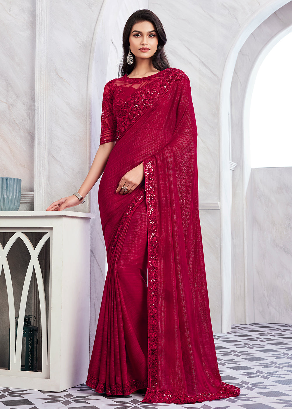 Buy Now Lovely Cherry Red Silk Embroidered Designer Saree Online in USA, UK, Canada & Worldwide at Empress Clothing.
