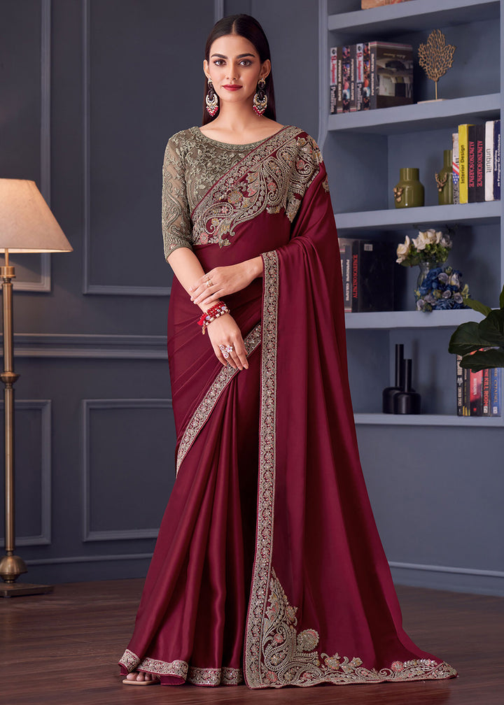 Buy Now Wedding Festive Style Maroon Embroidered Designer Saree Online in Canada, UK, France, Germany, UAE, USA & Worldwide at Empress Clothing.