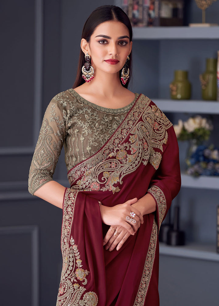 Buy Now Wedding Festive Style Maroon Embroidered Designer Saree Online in Canada, UK, France, Germany, UAE, USA & Worldwide at Empress Clothing.