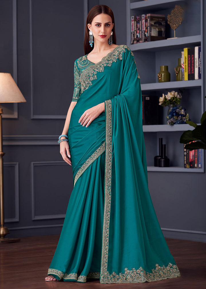 Buy Now Wedding Festive Style Sea Green Embroidered Designer Saree Online in Canada, UK, France, Germany, UAE, USA & Worldwide at Empress Clothing.