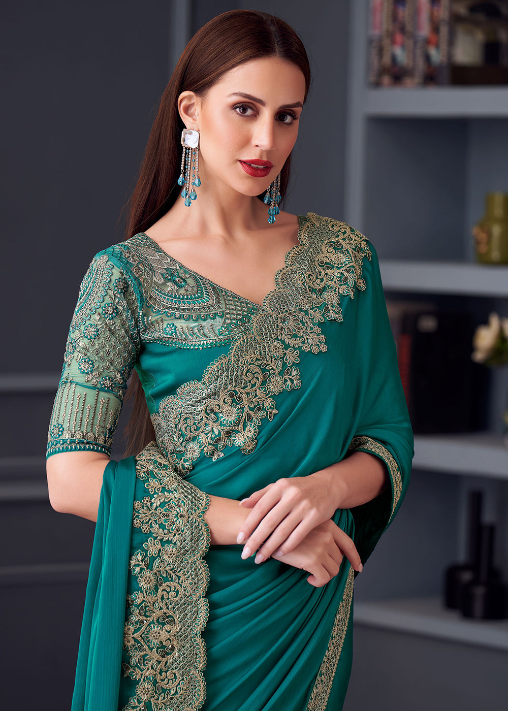 Buy Now Wedding Festive Style Sea Green Embroidered Designer Saree Online in Canada, UK, France, Germany, UAE, USA & Worldwide at Empress Clothing.