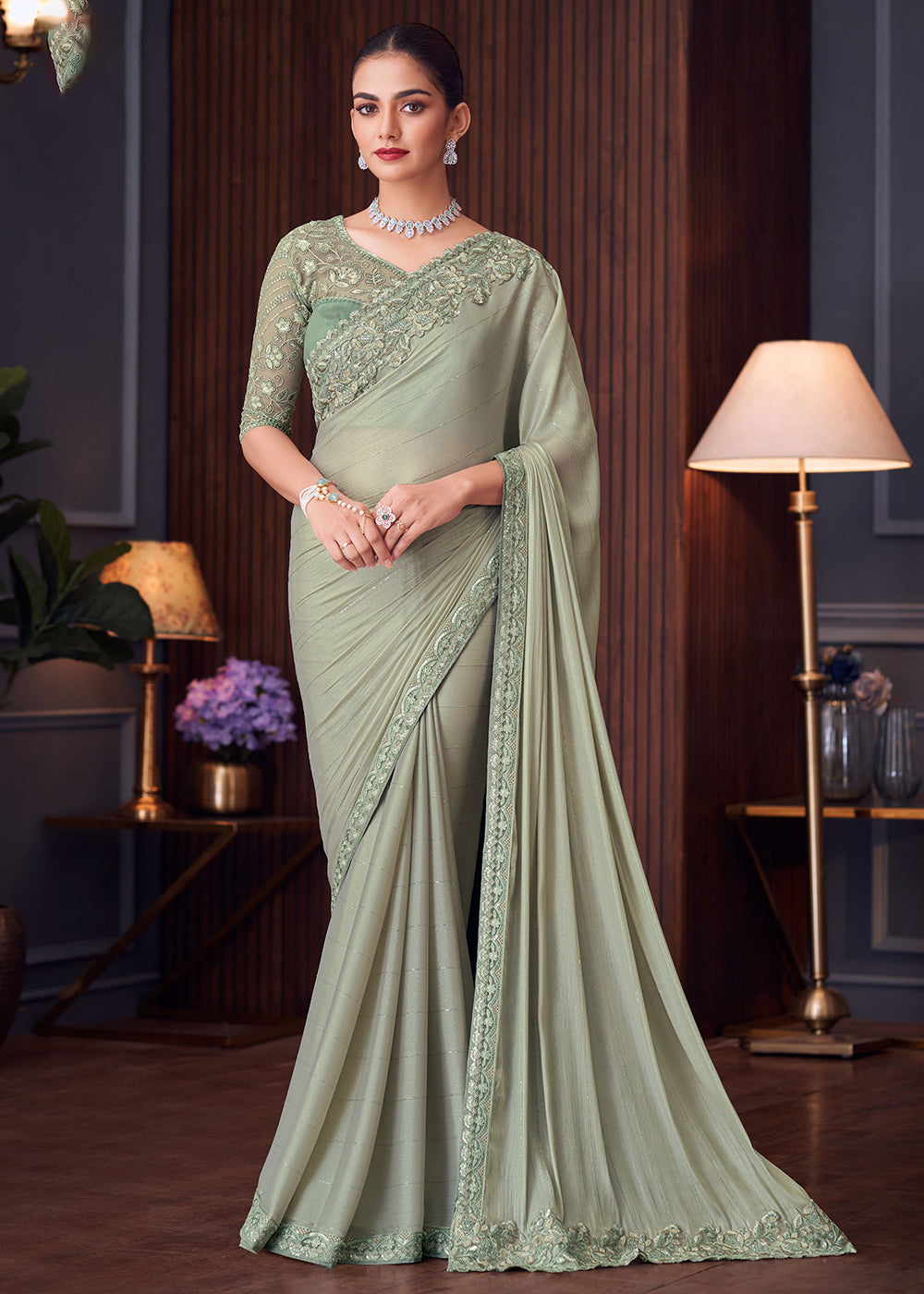 Buy Now Wedding Festive Style Pista Green Embroidered Designer Saree Online in Canada, UK, France, Germany, UAE, USA & Worldwide at Empress Clothing.